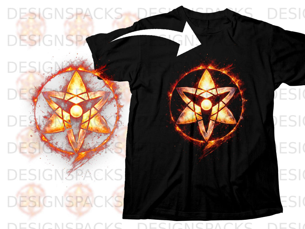 Black t-shirt with a fiery orange and yellow star-shaped emblem.