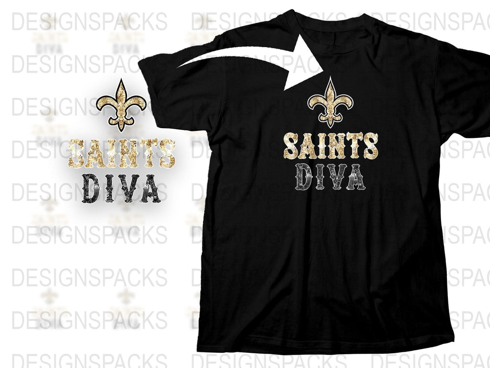 New Orleans Saints Diva T-Shirt, Black Gold Glitter, Football Fan Apparel, Women's Fashion Tee
