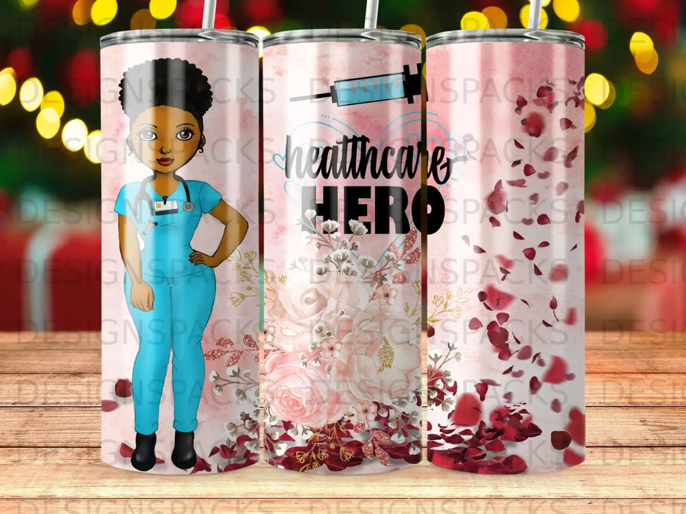 Healthcare hero tumbler with medical symbols and floral accents.