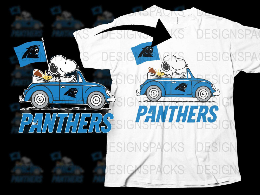Cartoon Dog and Cat in Car Graphic T-Shirt, Cute Animal Driving Tee, Panthers Text Design, Casual Wear for All Ages