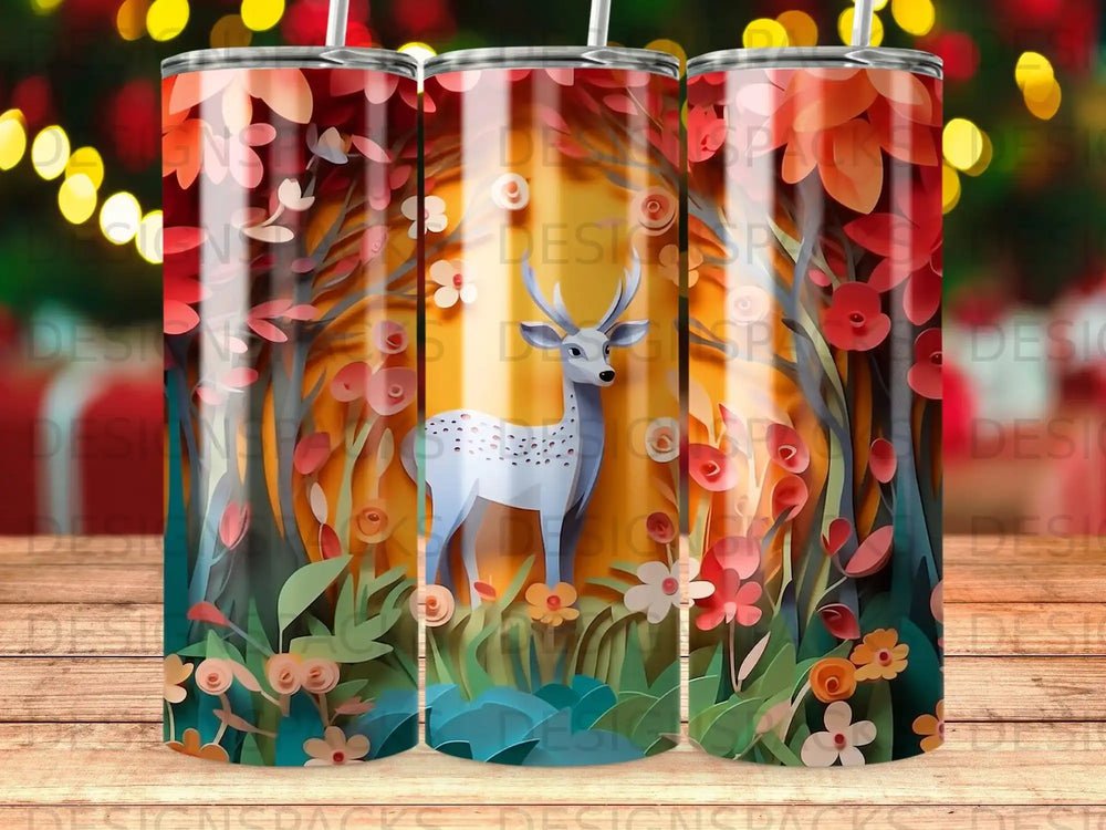 Deer in enchanted forest with trees, flowers, and bokeh lights.