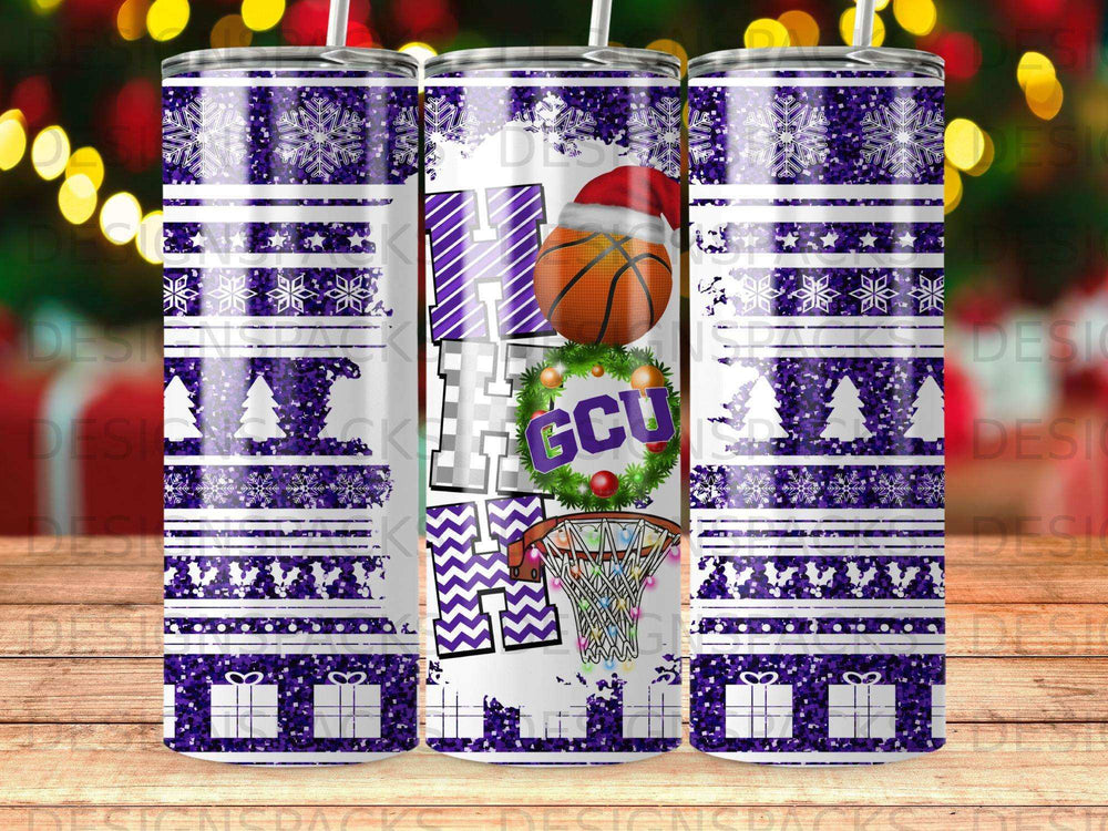 Christmas themed tumbler with basketball, "GCU" logo, and snowflake pattern.