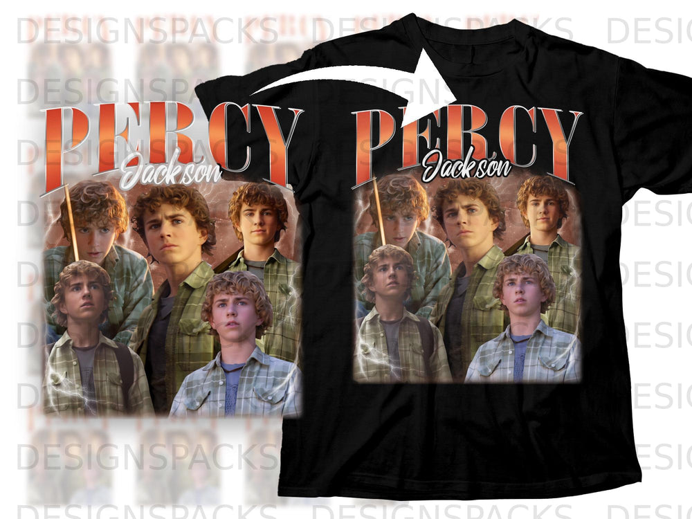 Black t-shirt with "Percy Jackson" title and collage of the actor.