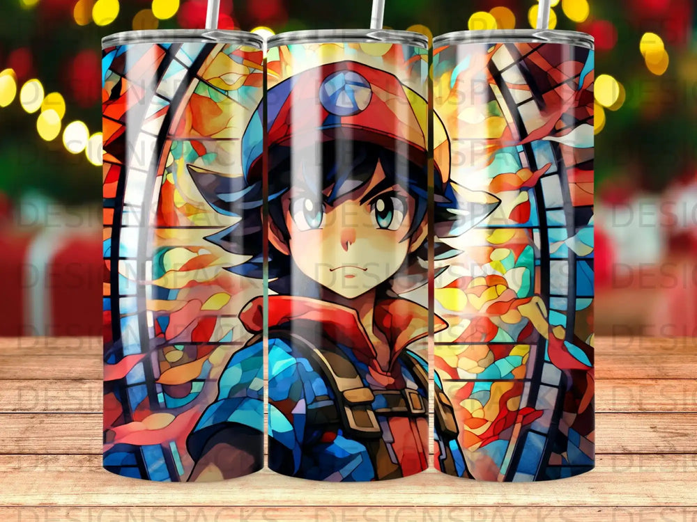 Ash Ketchum from Pokémon depicted in a stained glass style on a tumbler.