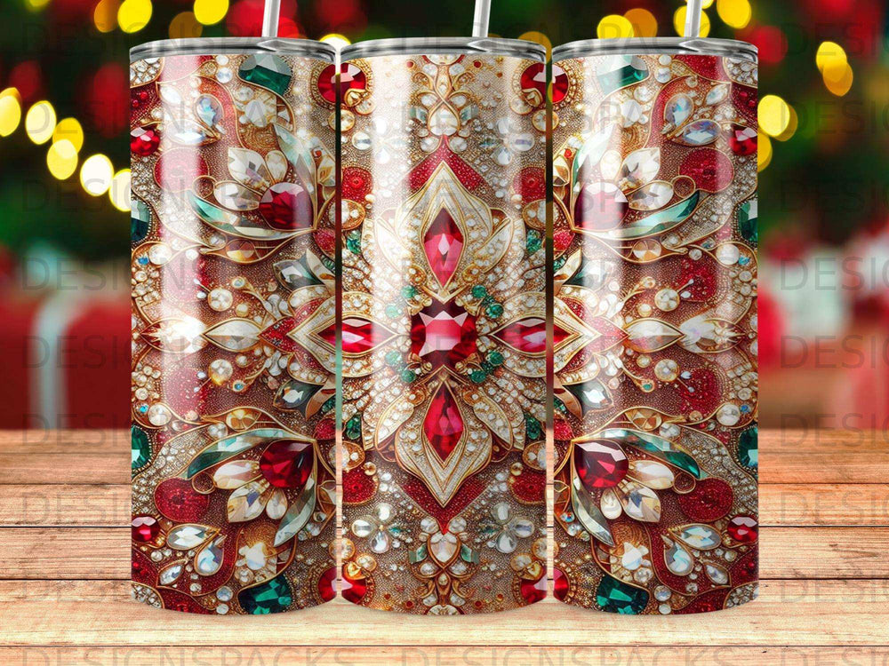 Glittering red and green jewel-toned pattern on a tumbler with bokeh lights.