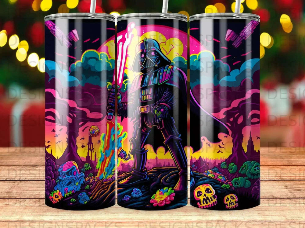 Darth Vader holding a red lightsaber amidst a colorful, alien landscape.