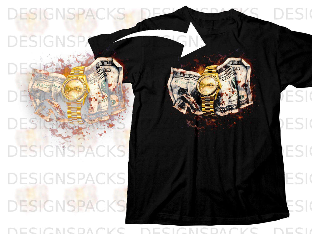 Gold watch on crumpled US dollar bills with blood splatters on a black t-shirt.