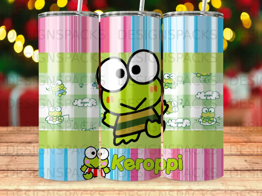Three Keroppi tumblers with green, pink, and blue designs.