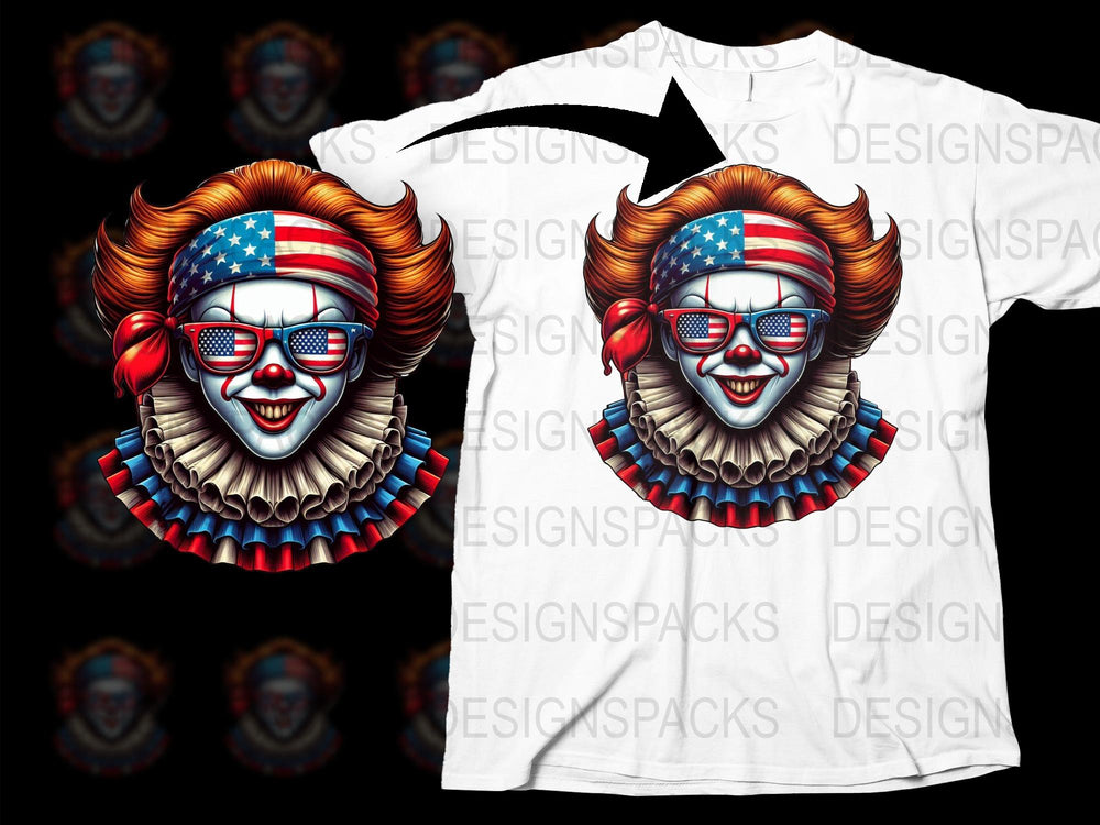 Patriotic Clown T-Shirt, American Flag Sunglasses, Horror Graphic Tee, Unique Scary Clown Design, Unisex Adult Clothing