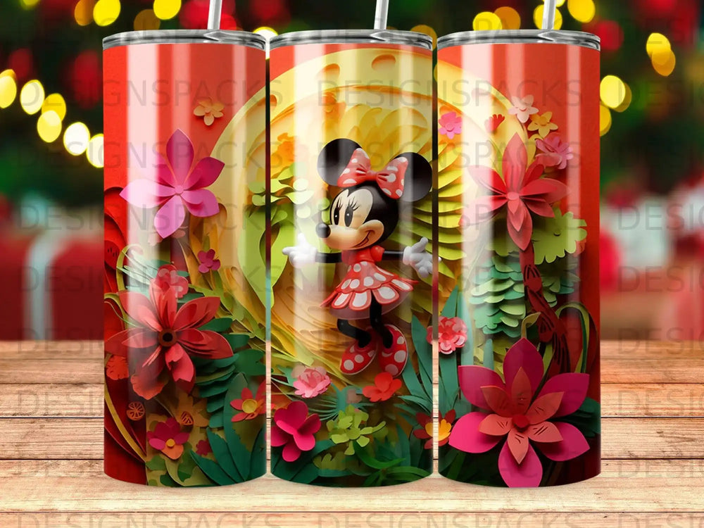 Minnie Mouse surrounded by colorful paper flowers and leaves.