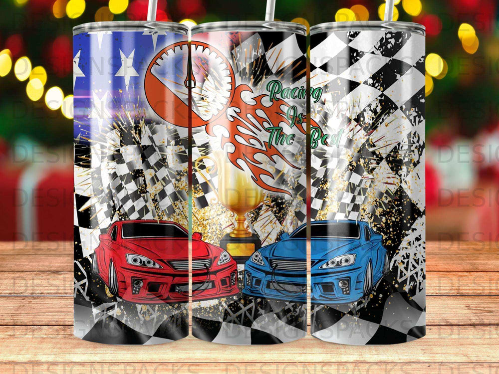 Red and blue sports cars on checkered flag background with racing trophy.