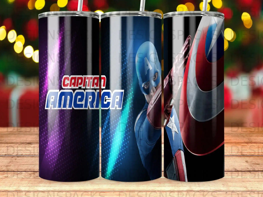 Captain America with shield on patterned tumbler.