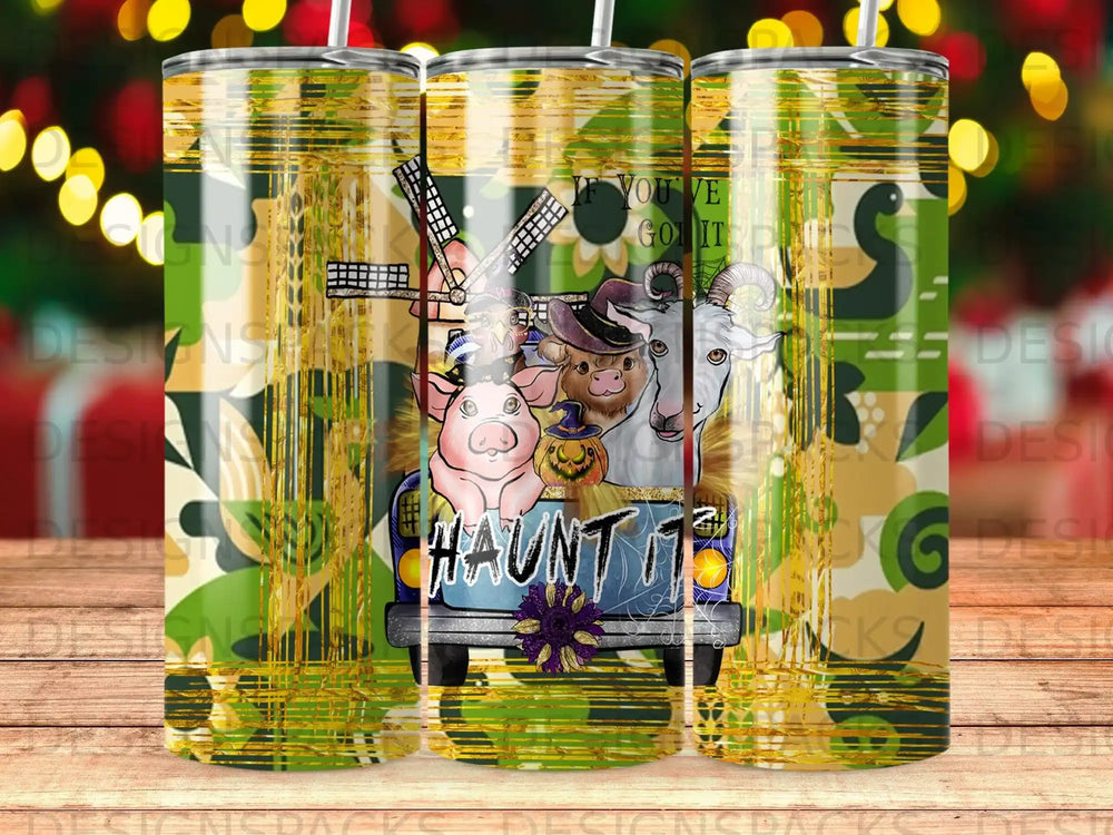 Halloween truck with pig, goat, and pumpkin, "Haunt It" text, windmill, festive background.