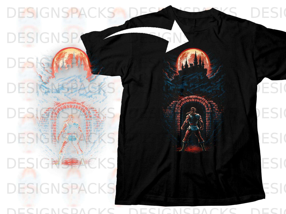 Black t-shirt with a warrior standing before a castle under a red moon.