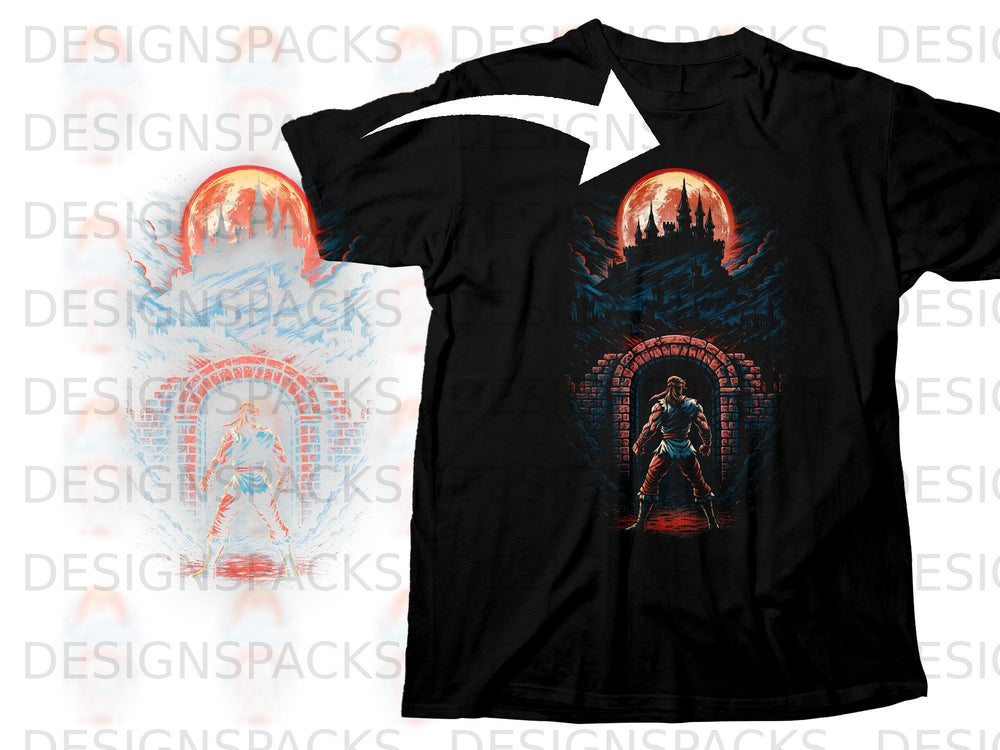 Black t-shirt with a warrior standing before a castle under a red moon.