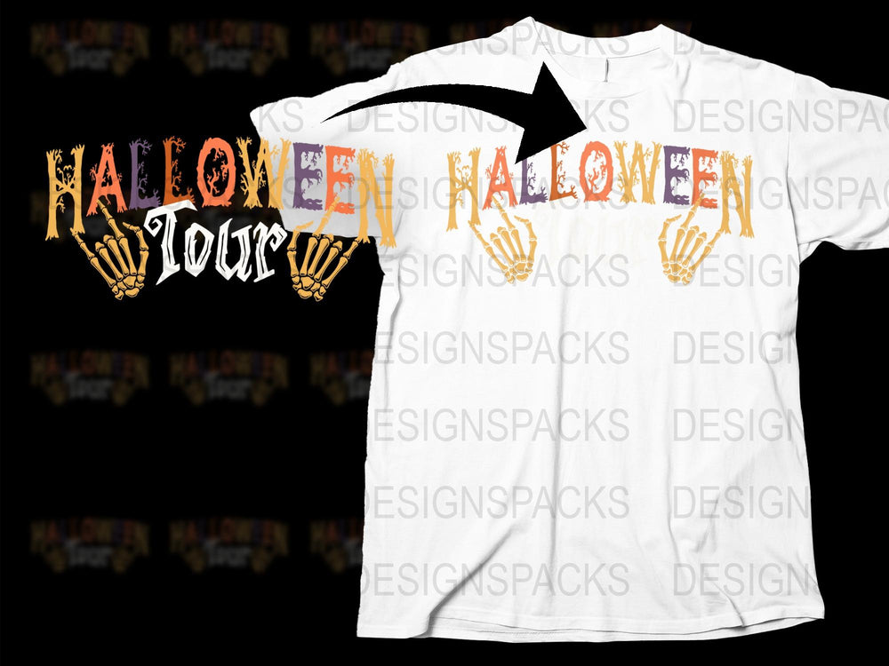 Halloween Tour Graphic T-Shirt, Grunge Text with Skeleton Hands, Unisex White Tee, Rock Band Inspired, Fall Concert Apparel