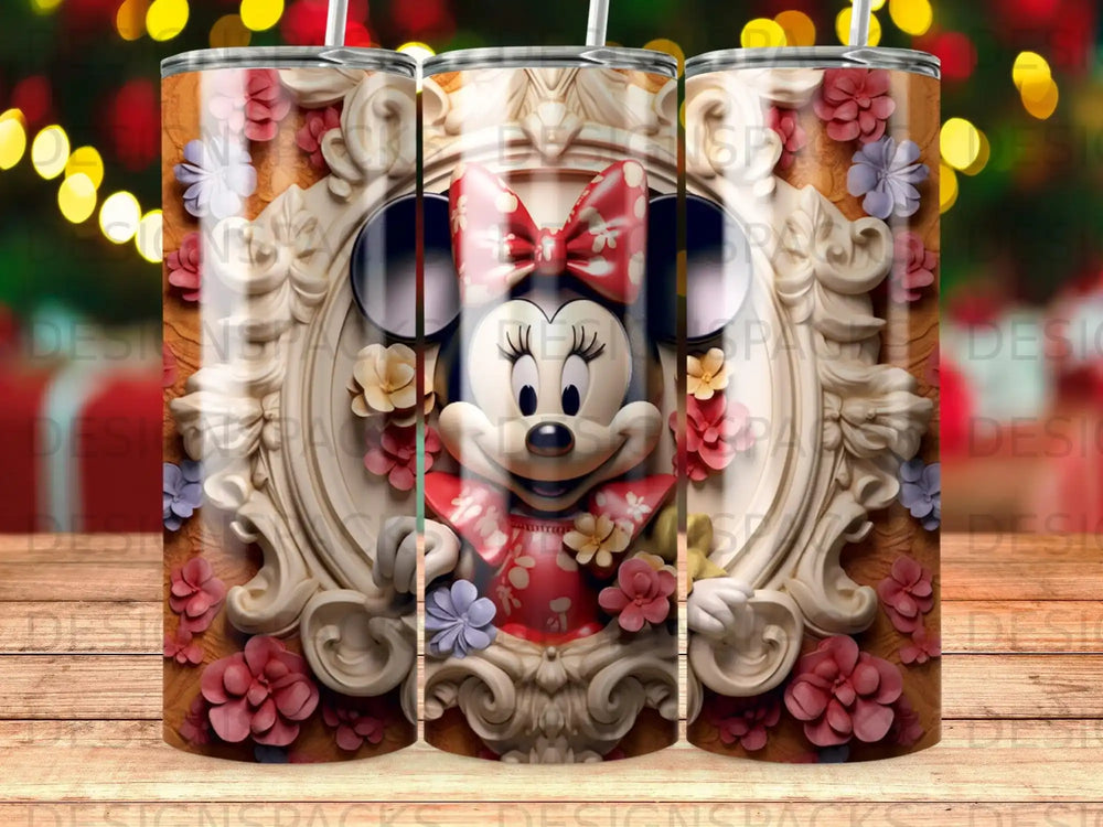 Minnie Mouse in a floral frame wearing a red and white polka dot bow.