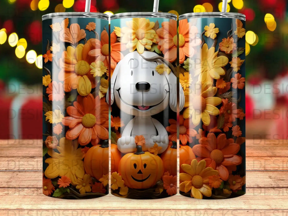 Snoopy sits with pumpkins and autumn flowers.