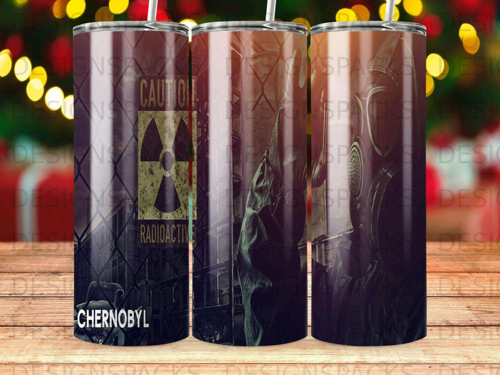 Chernobyl radioactive symbol and gas mask on a tumbler.