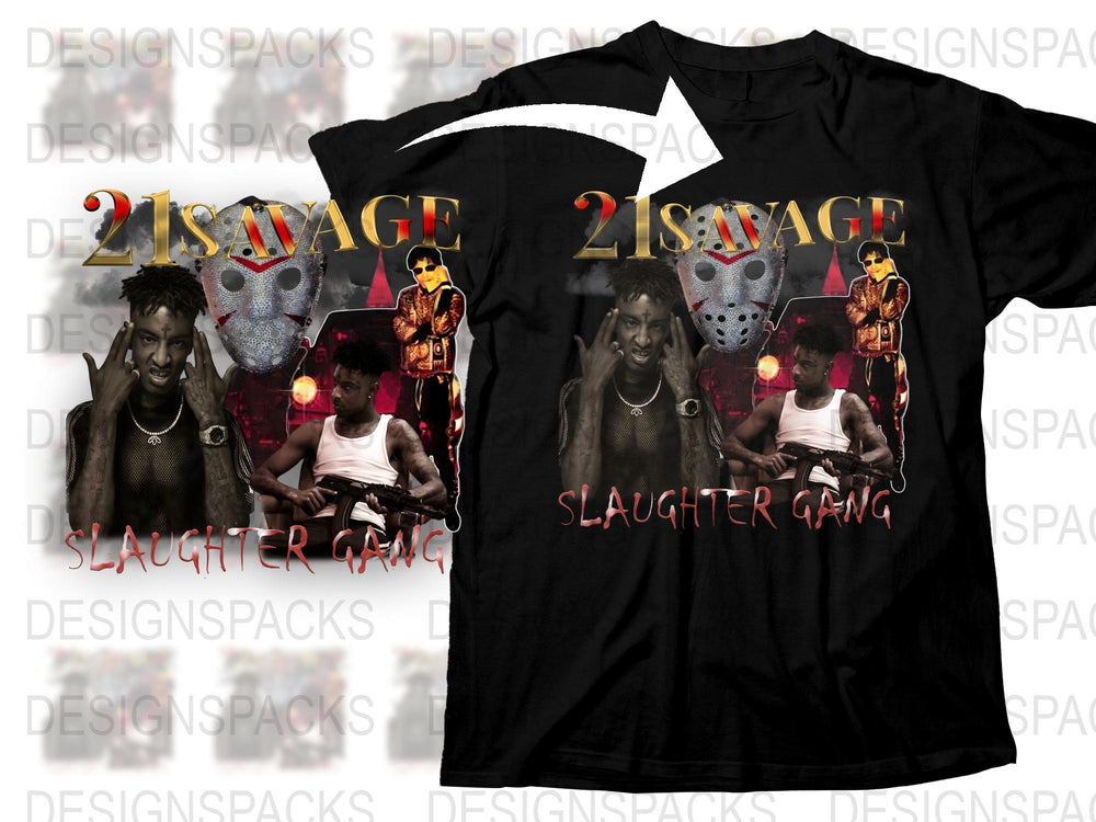 21 Savage Slaughter Gang Graphic T-Shirt, Hip Hop Merch, Black Cotton Tee, Music Fan Apparel, Urban Streetwear Style, Men's Fashion