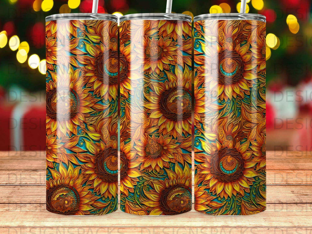 Sunflower pattern tumbler with gold and teal accents.