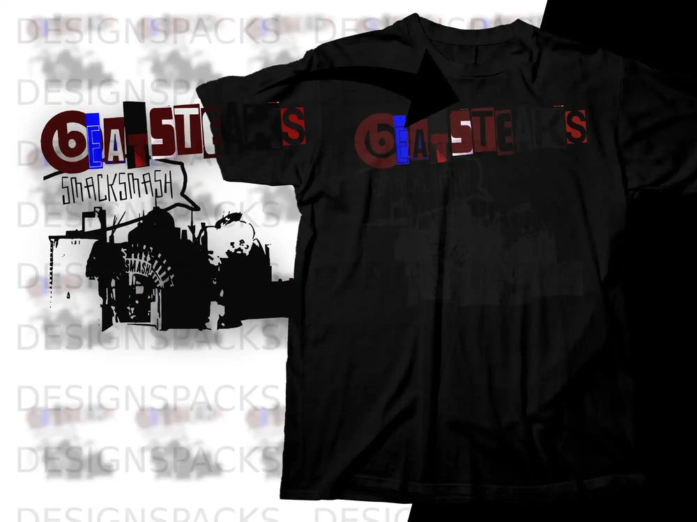 Black t-shirt with "GA St ars On Steaks SMACKSMASH" graphic.