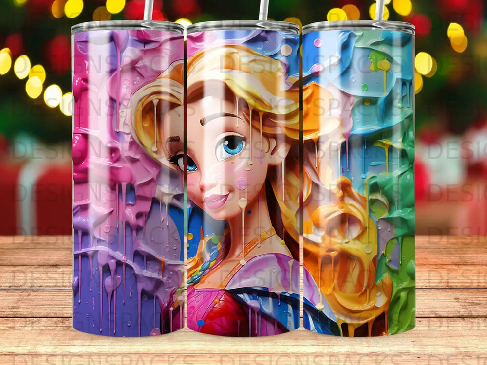 Cinderella with colorful paint drips on a tumbler.