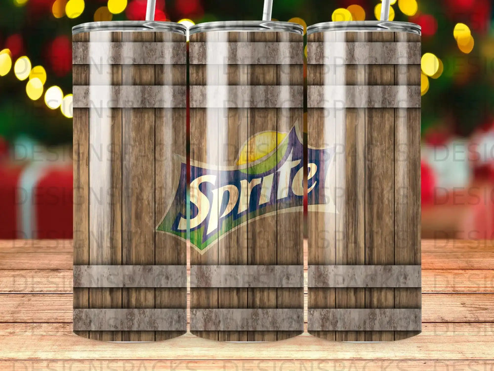 Wooden barrel design with Sprite logo on a tumbler.