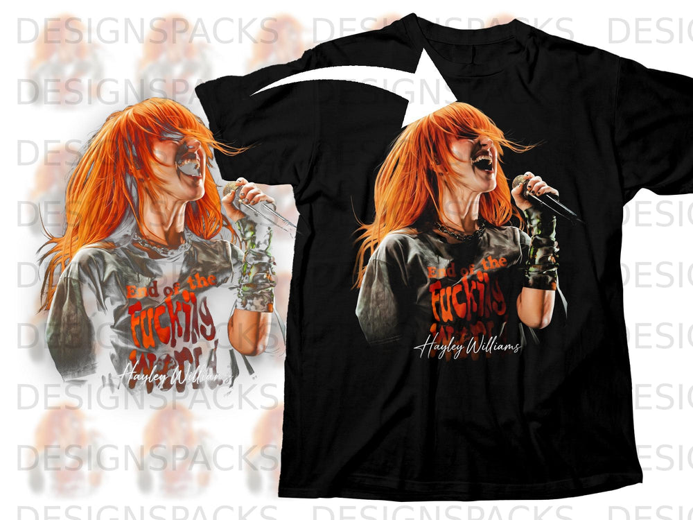 Black t-shirt with Hayley Williams artwork and text "end of the fucking world".