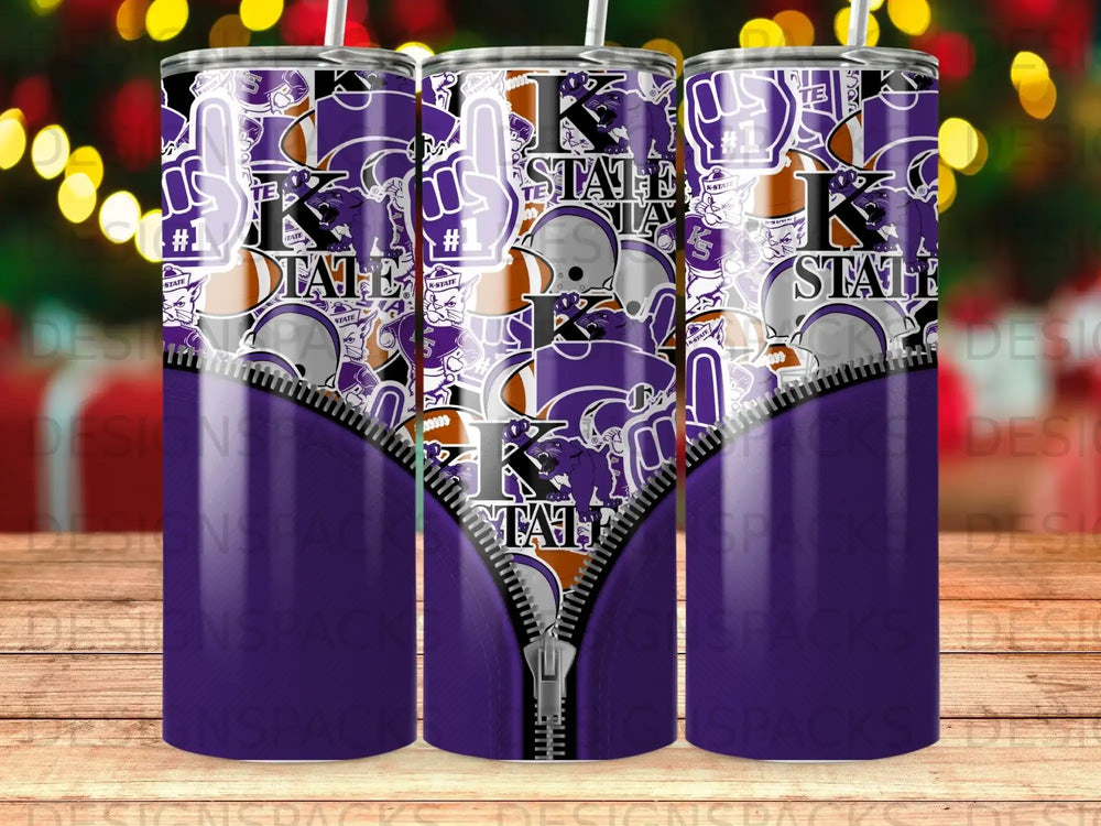 Purple tumbler with K-State logo pattern and a zipper design.