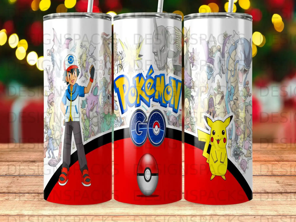 Pokemon Go tumbler with Ash and Pikachu on a background of Pokemon characters.