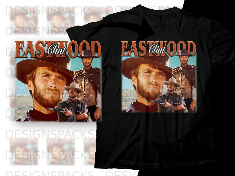 Clint Eastwood portrait on black t-shirt graphic.