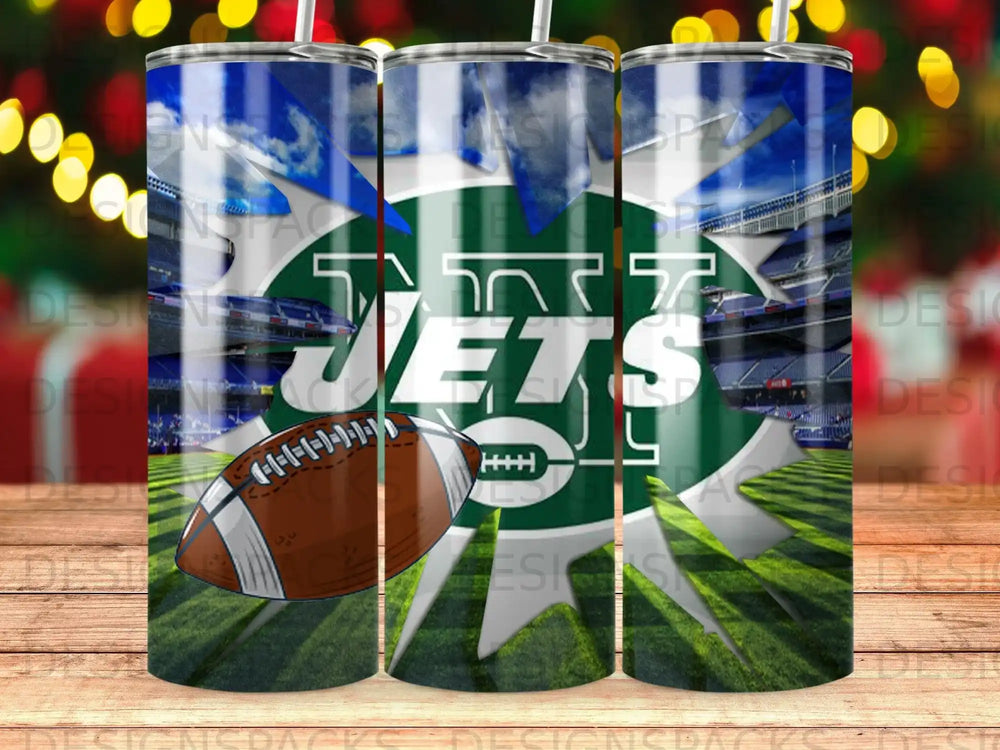 New York Jets football stadium, football, and team logo tumbler.