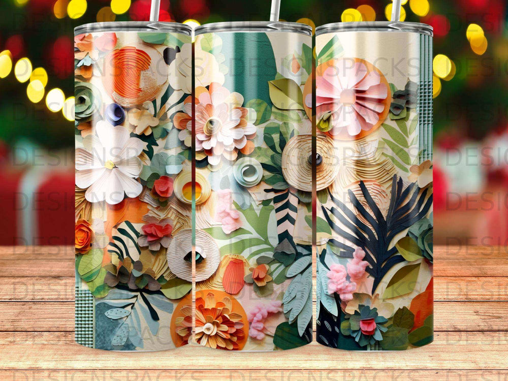 Three tumblers with floral and leaf patterns, featuring textured paper art.