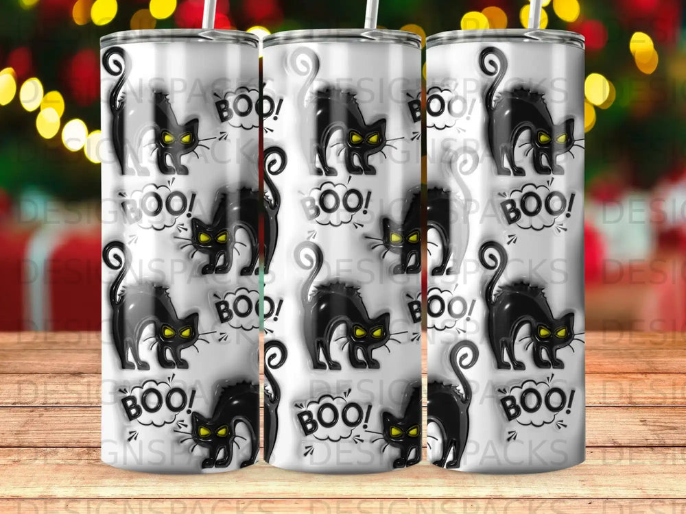 Black cats with glowing eyes and "BOO!" text on a white tumbler.