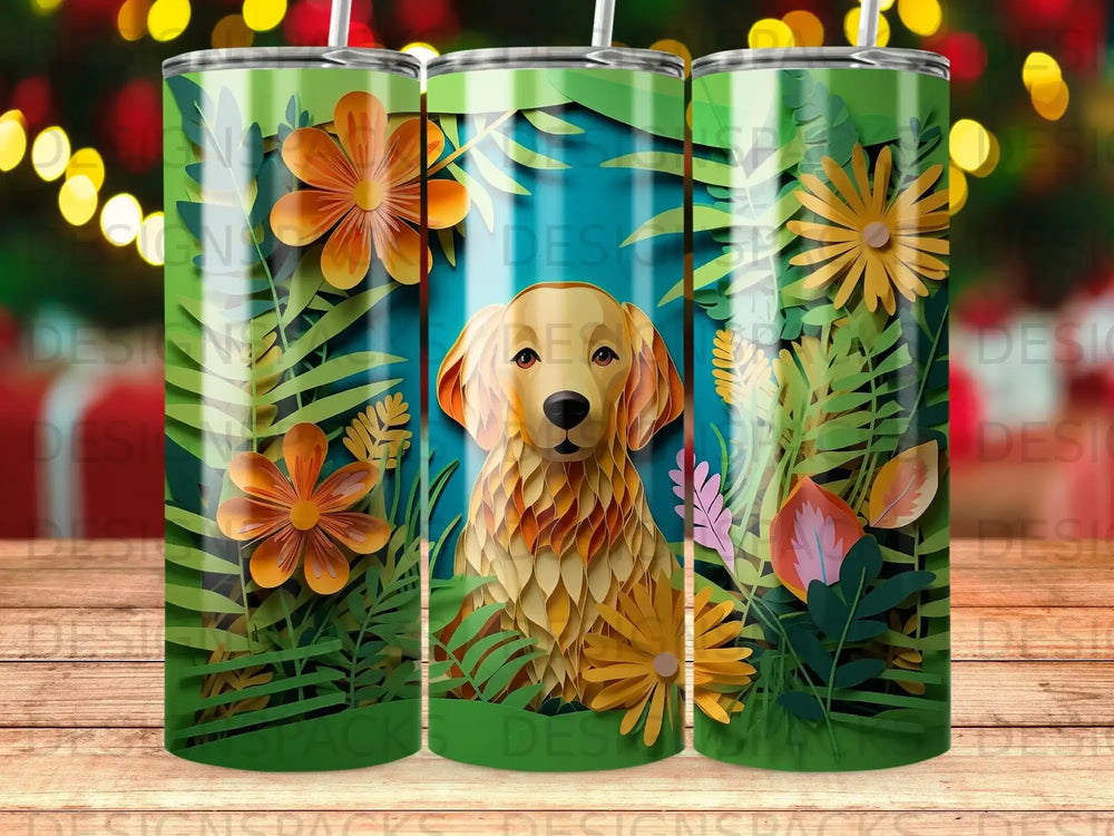 Golden retriever surrounded by paper flowers and foliage on a tumbler.
