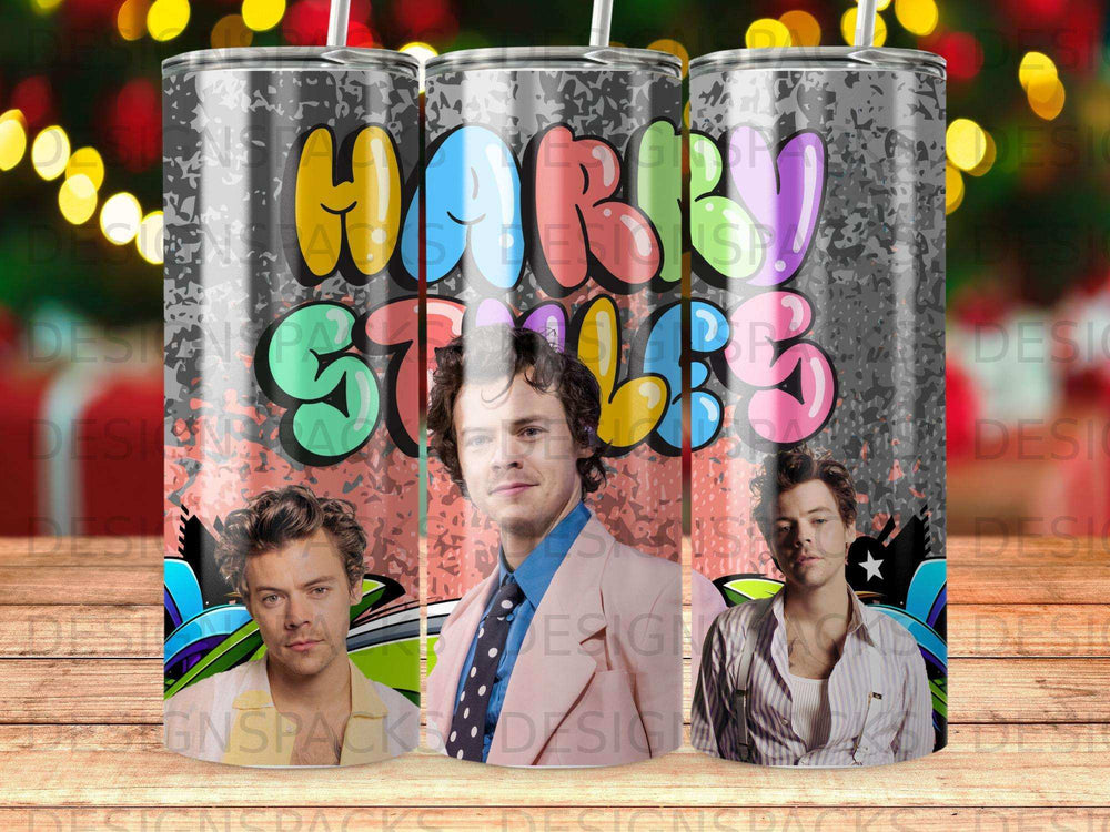 Harry Styles collage with text and vibrant graphic background.