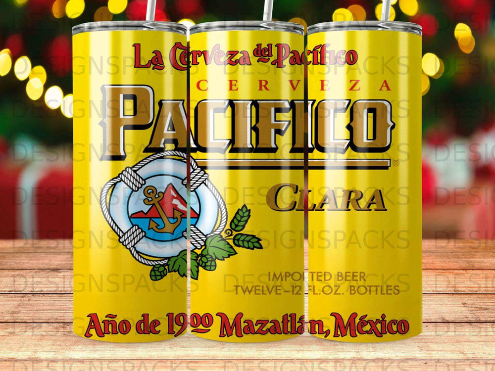 Pacifico Clara beer tumbler with logo and "Año de 1900 Mazatlán, México" text.