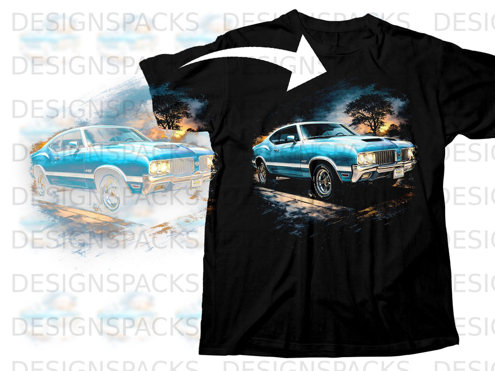 Black t-shirt with a graphic of a blue 1970s Oldsmobile 442.