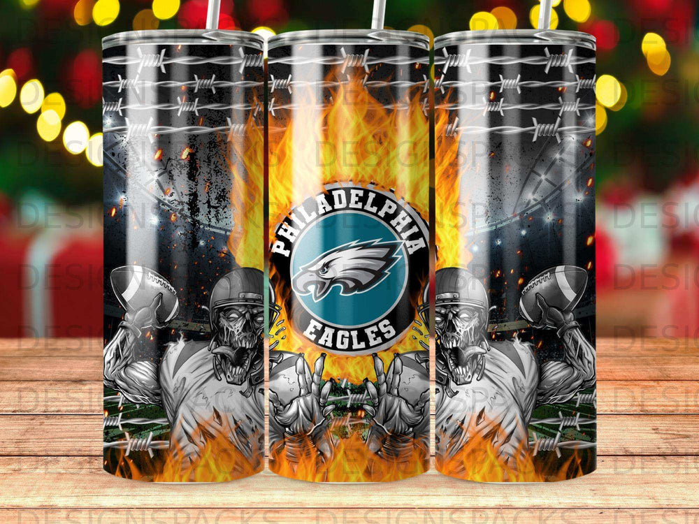 Philadelphia Eagles football tumbler with fiery background and barbed wire.