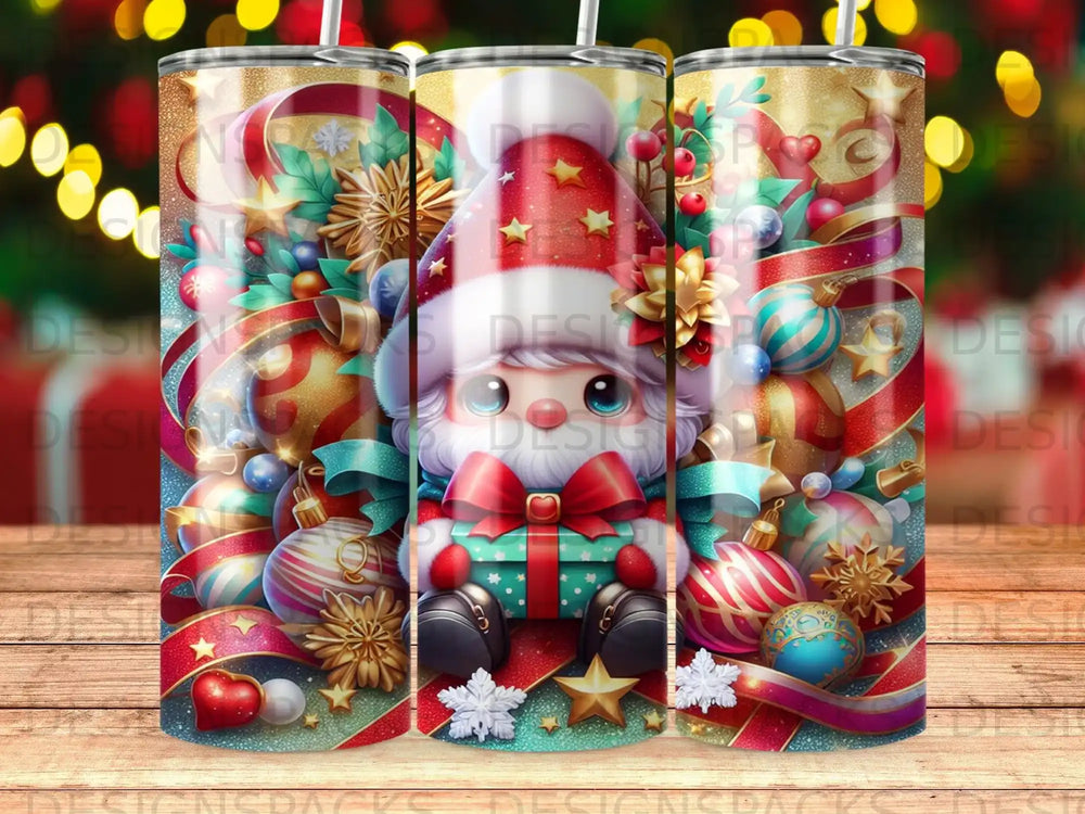 Santa Claus with gift surrounded by Christmas ornaments and ribbon.