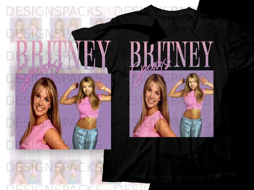 Britney Spears wearing a pink top and blue pants with her name on the shirt.