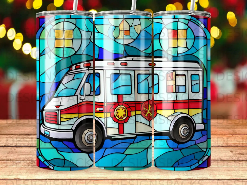 White ambulance with stained glass pattern on a blue background.
