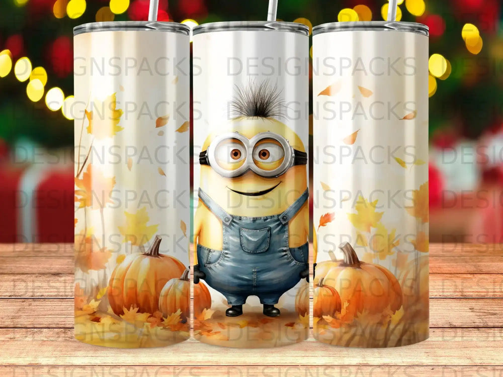 Minion character with pumpkins and autumn leaves, "SIGNSPACKS" watermark.