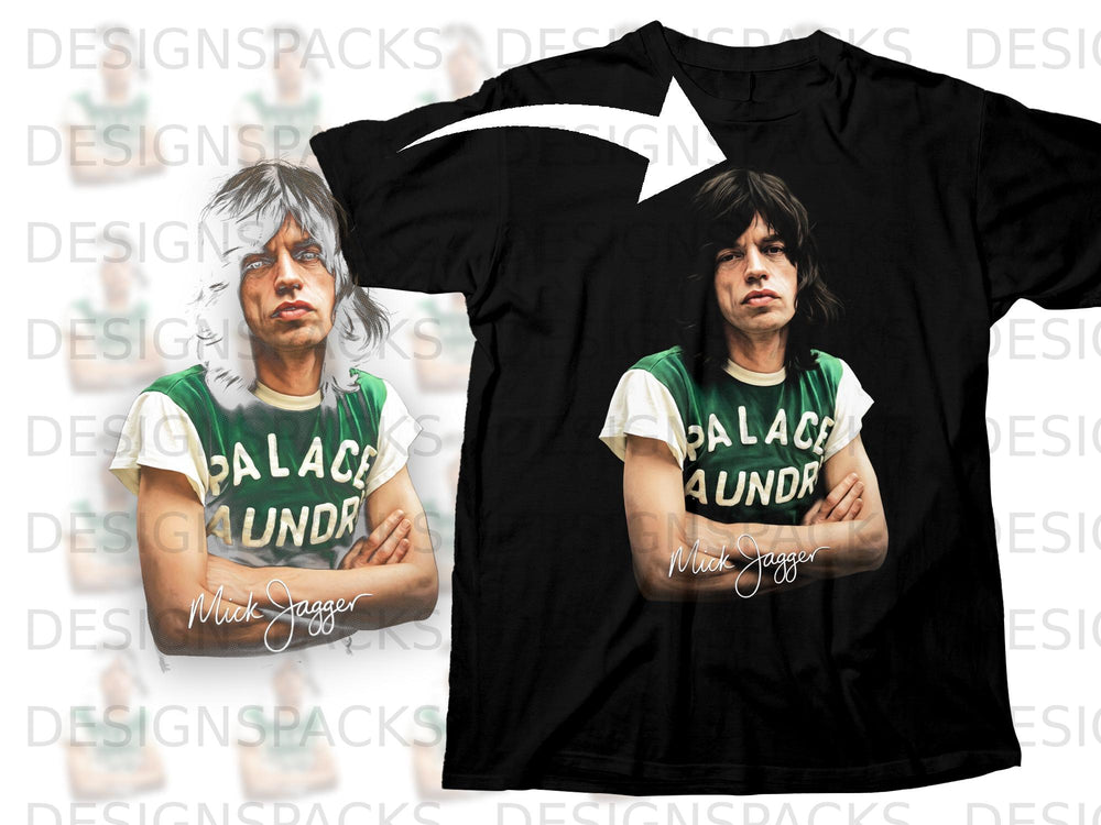 Black t-shirt with a graphic of Mick Jagger in a green "Palace" tank top.