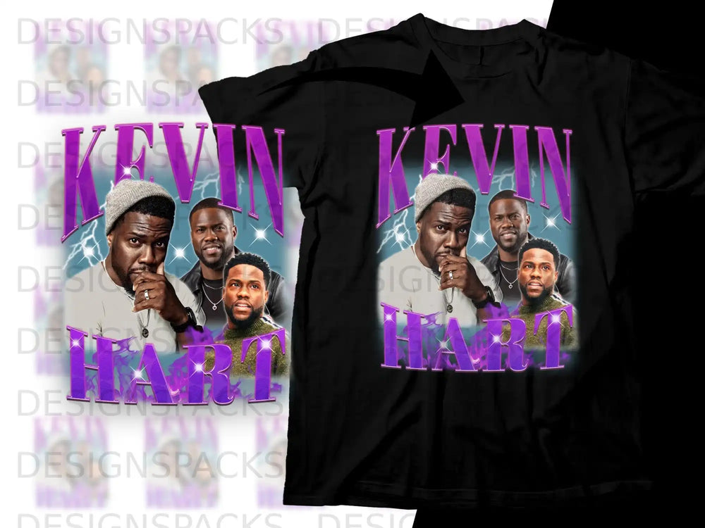 Black t-shirt with a graphic featuring actor Kevin Hart in multiple poses.