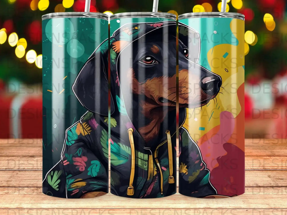 Dachshund wearing a hooded sweatshirt with a floral pattern.