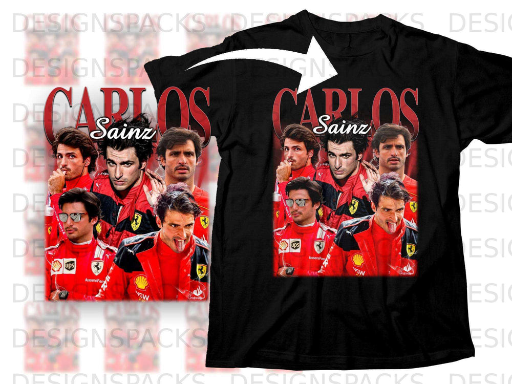 Carlos Sainz F1 graphic t-shirt featuring multiple photos of the driver.