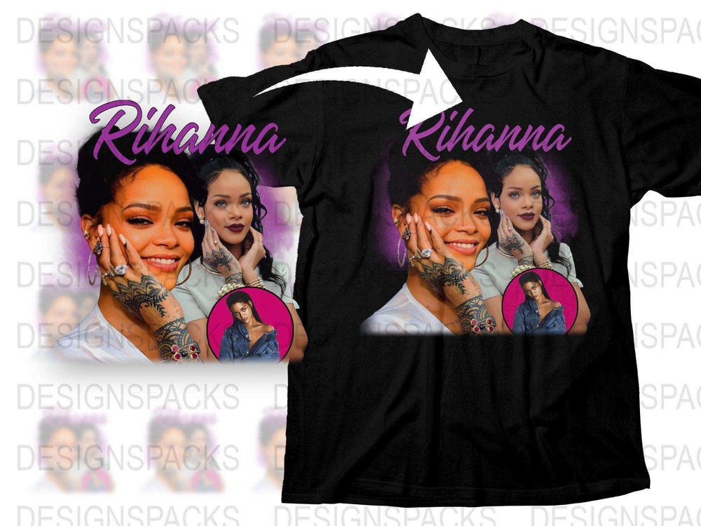 Rihanna Graphic T-Shirt, Pop Music Icon Tee, Multiple Poses Design, Casual Fashion, Black Cotton Shirt