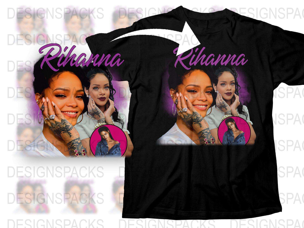 Rihanna Graphic T-Shirt, Pop Music Icon Tee, Multiple Poses Design, Casual Fashion, Black Cotton Shirt